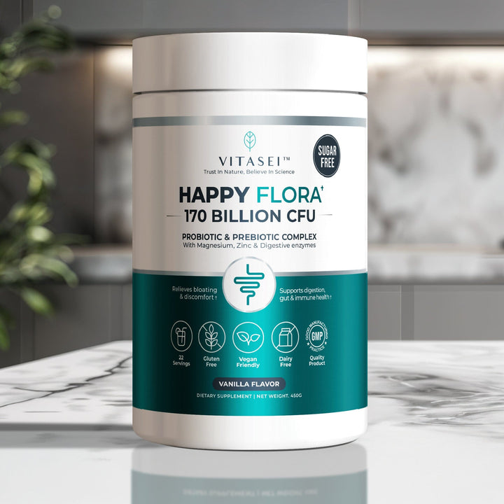 Happy Flora Probiotic & Prebiotic Complex with Magnesium and Zinc, 170 Billion CFU for Gut Health