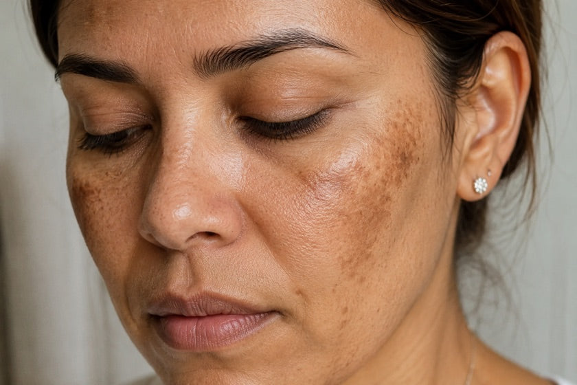 Nelly antes de Astroderma — manchas y melasma en la mejilla