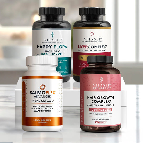 Complete Vitality Bundle – Happy Flora Probiotic + Salmoflex Marine Collagen + Livercomplex + Hair Growth Complex
