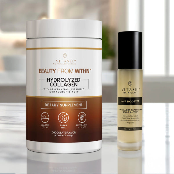 Chocolate Collagen Peptides with Resveratrol and Hyaluronic Acid + Hair Booster with Stemm