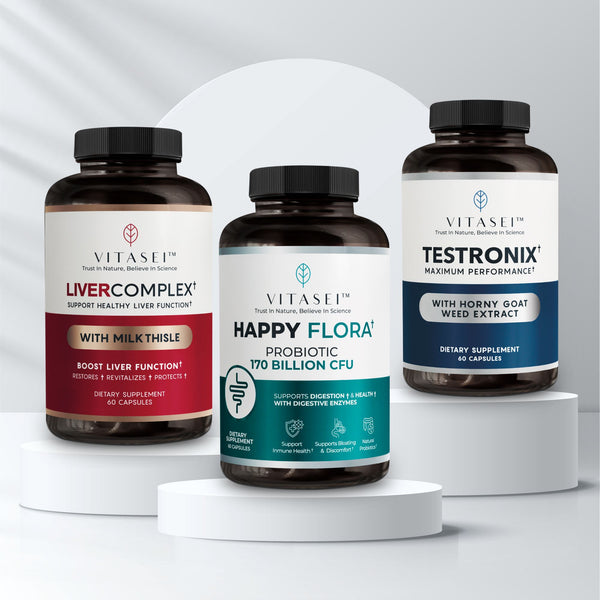 Bundle Happy Flora for a healthy gut + Livercomplex for liver support + Testronix for enhanced performance