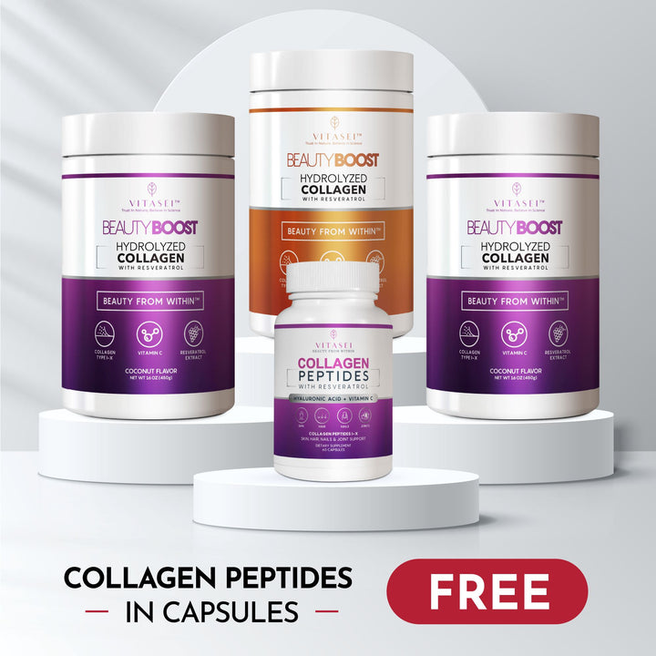 Combo 2 Collagen Peptides With Resveratrol Coconut Flavor + 1 Unflavored - Get 1 Hydrolized Collagen Capsules FREE