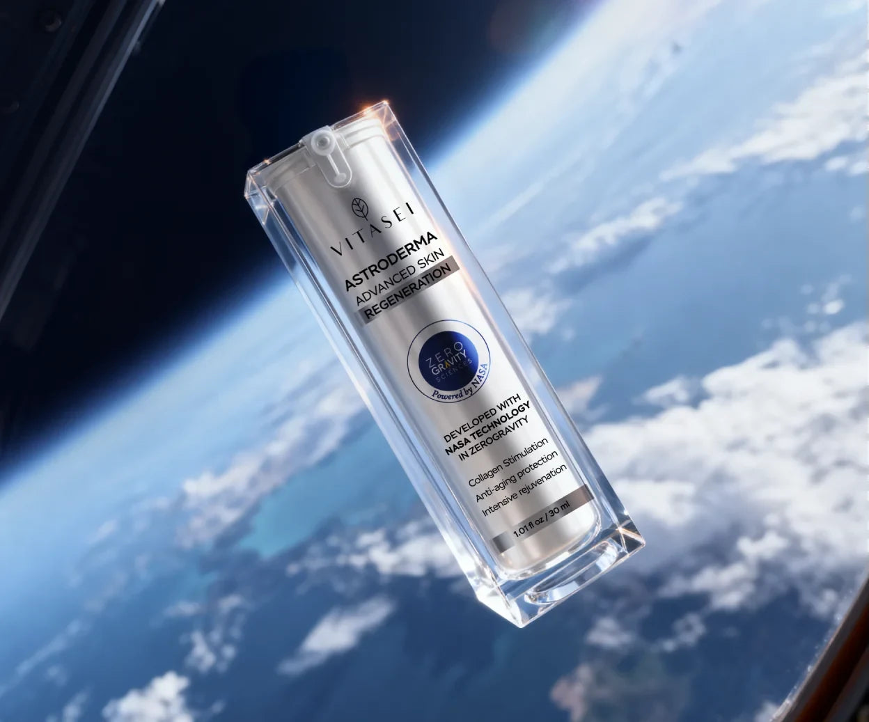 Astroderma Zero Gravity flotando sobre la Tierra — desarrollado con tecnología NASA