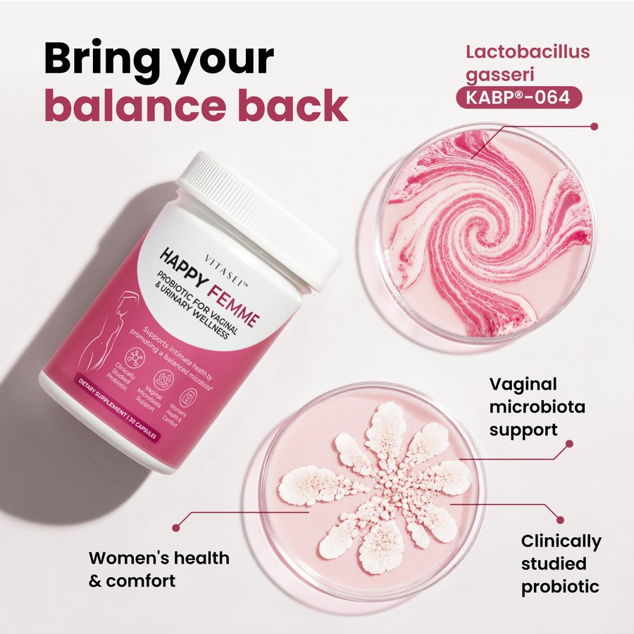 Happy Femme jar with petri dishes showing the Lactobacillus gasseri strain