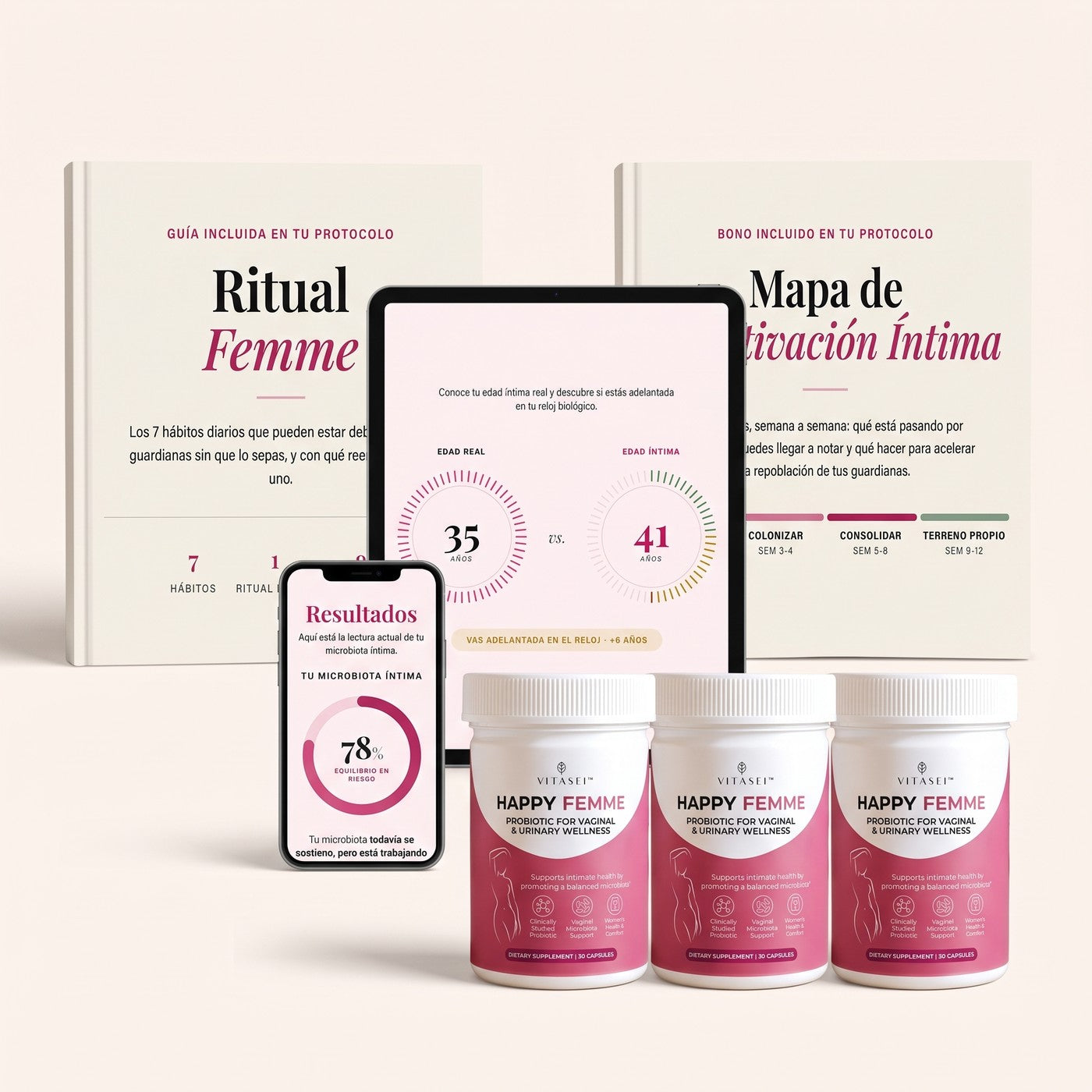 The full Happy Femme kit: three jars, both tests and the two guides